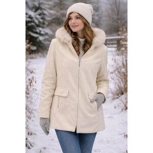 Ivory Warm Wool Blend Fox Fur Trim Snow Bunny XL Hooded Jacket Vintage Flaws